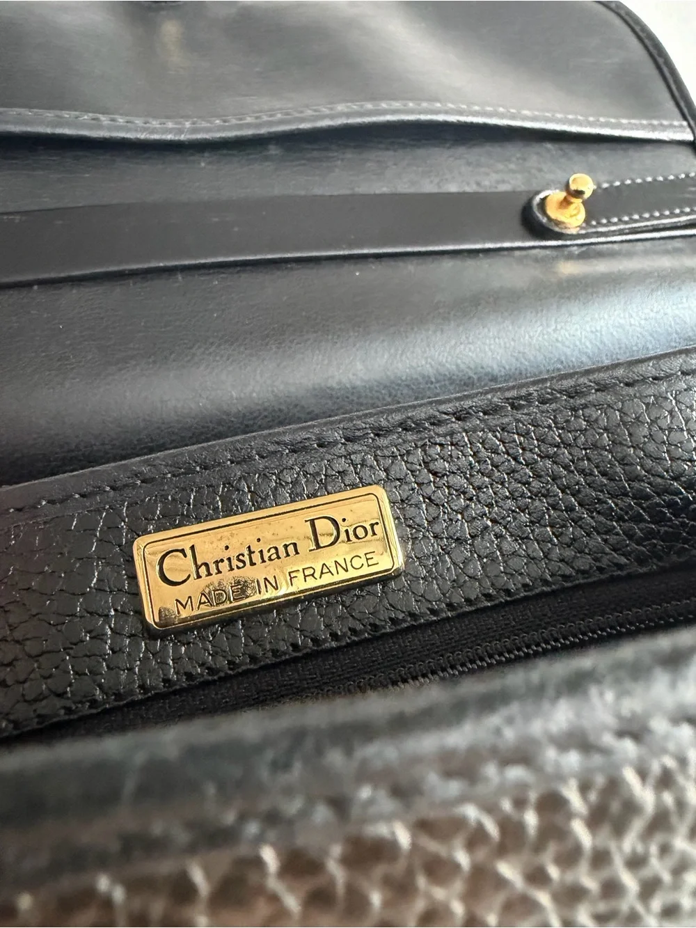Vintage Dior Black Pebbled Leather Top-Handle Satchel with Gold Ring
